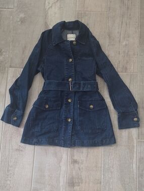 Dark Blue Denim Jean Jacket With Belt At Waist